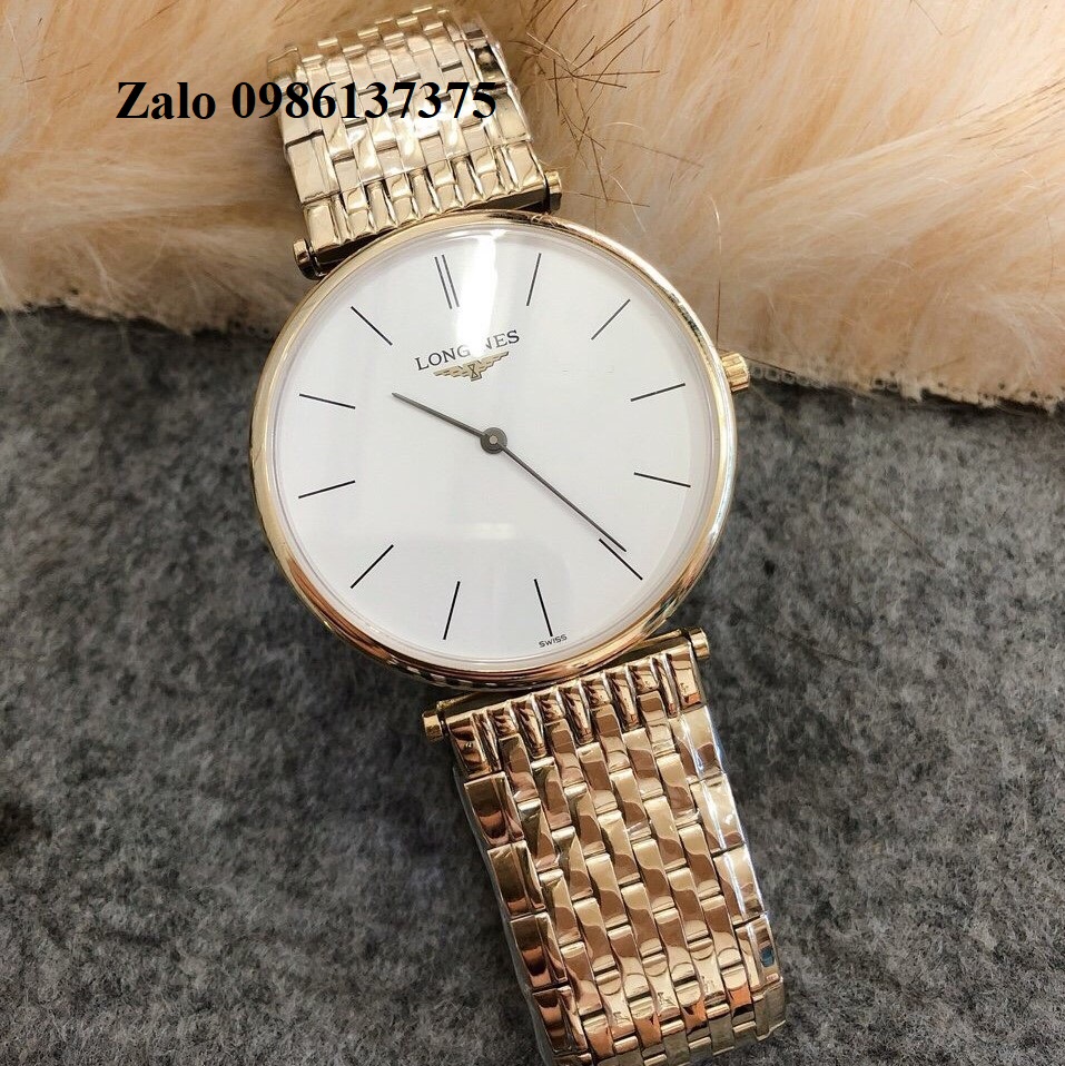 Đồng Hồ Longines Dây Vàng Mặt Trắng Chia Vạch Quartz Thụy Sĩ Kính Sapphire Cao Cấp Đủ Size Cho Nam Và Nữ
