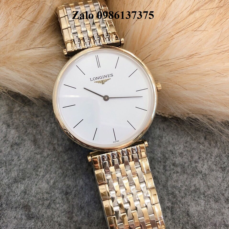 Đồng Hồ Longines Dây Demi Vàng Mặt Trắng Chia Vạch Quartz Thụy Sĩ Kính Sapphire Cao Cấp Đủ Size Cho Nam Và Nữ