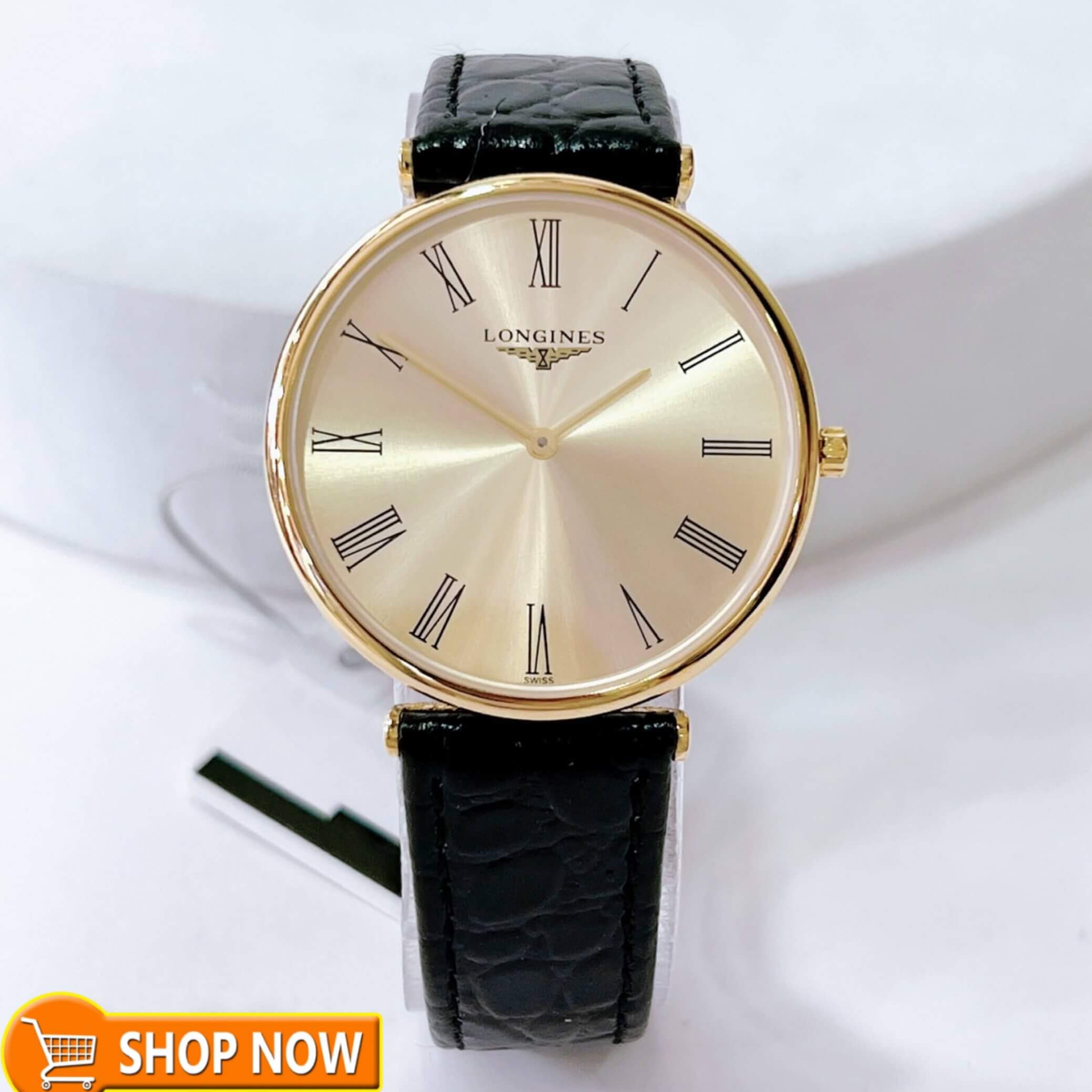 Đồng Hồ Nam Longines Dây Da Cá Sấu Màu Đen Mặt Vàng Số La Mã Size 40mm - Quartz Thụy Sĩ