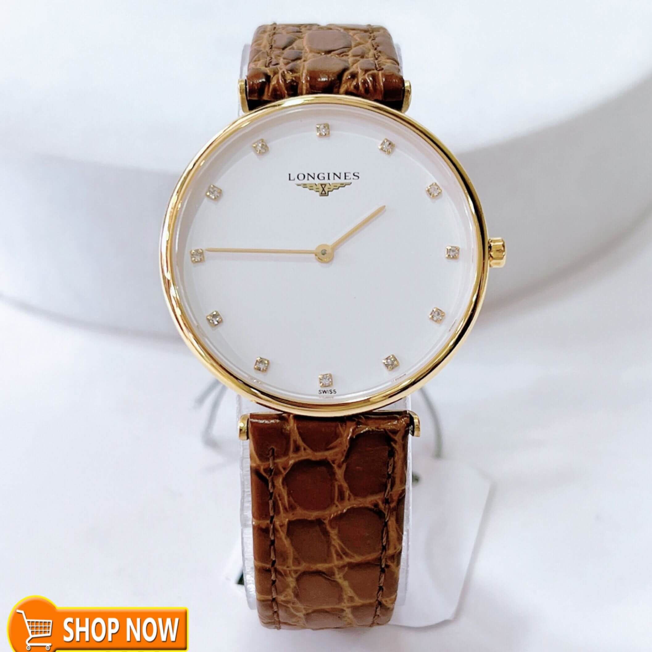 Đồng Hồ Nam Longines Dây Da Cá Sấu Màu Nâu Mặt Trắng Đính 12 Viên Đá Size 40mm - Quartz Thụy Sĩ