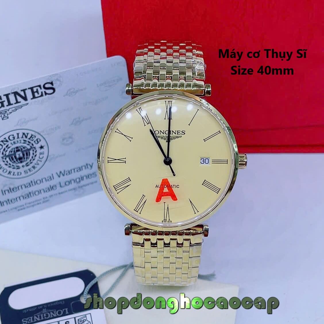 Đồng Hồ Nam Longines Máy Cơ Thụy Sĩ – Dây Vàng Mặt Vàng 3 Kim Số La Mã Size 40mm