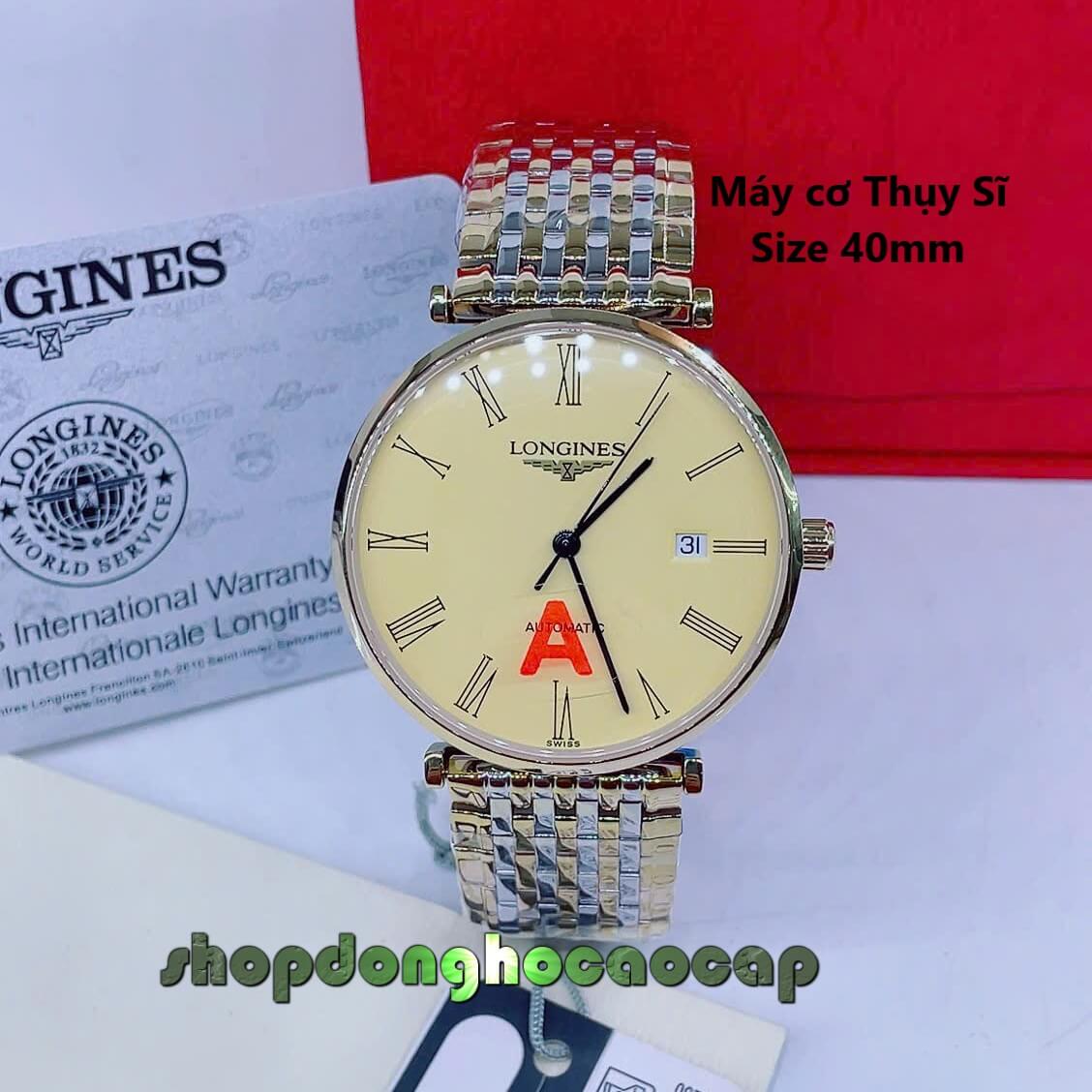 Đồng Hồ Nam Longines Máy Cơ Thụy Sĩ – Dây Demi Vàng Mặt Vàng 3 Kim Số La Mã Size 40mm