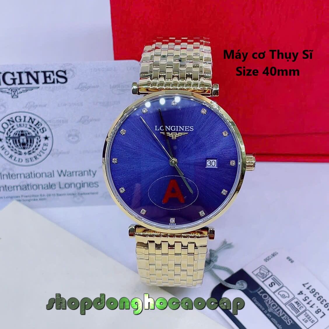 Đồng Hồ Nam Longines Máy Cơ Thụy Sĩ - Dây Kim Loại Vàng Mặt Xanh Coban 3 Kim Size 40mm