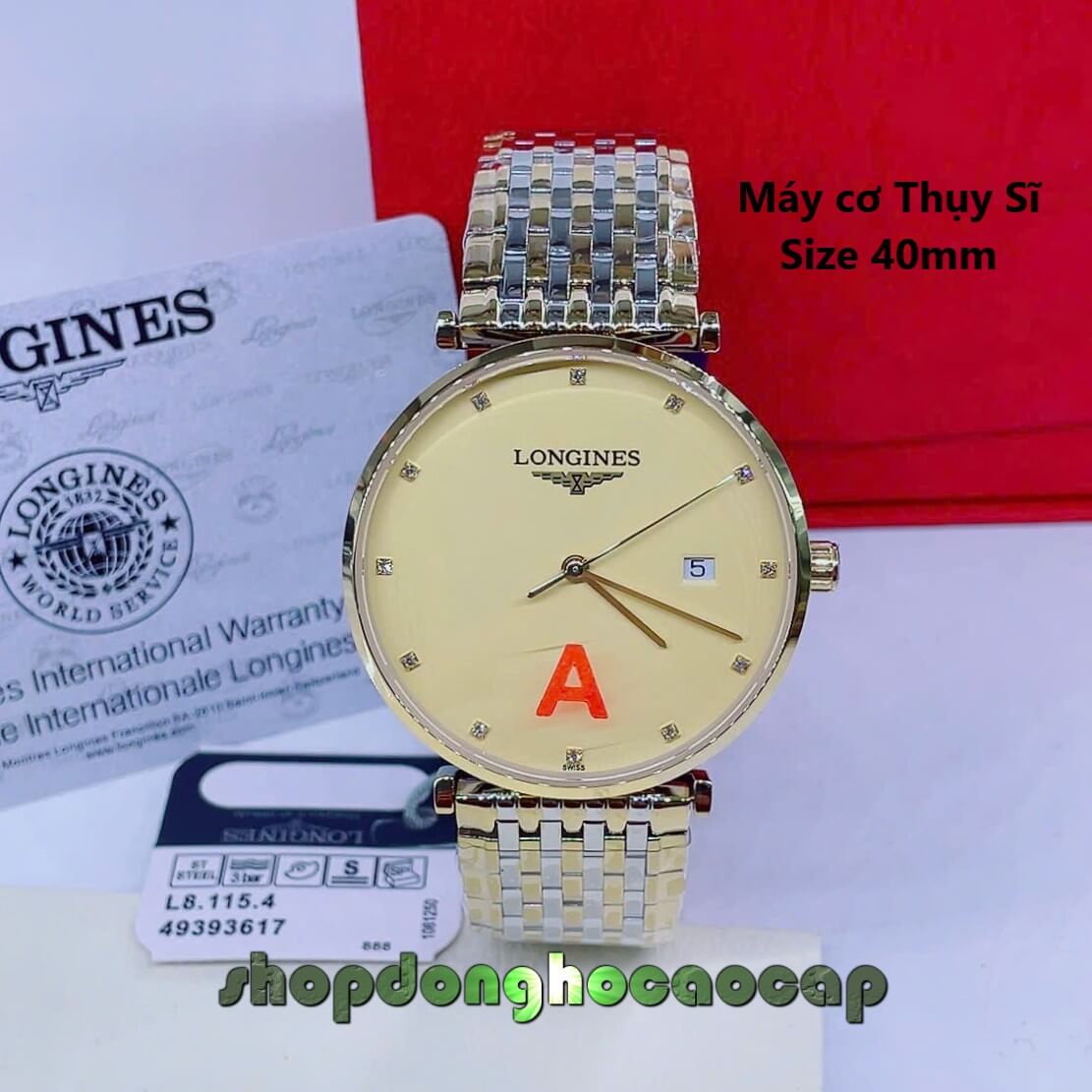 Đồng Hồ Nam Longines Máy Cơ Thụy Sĩ - Dây Kim Loại Demi Vàng Mặt Vàng 3 Kim Size 40mm
