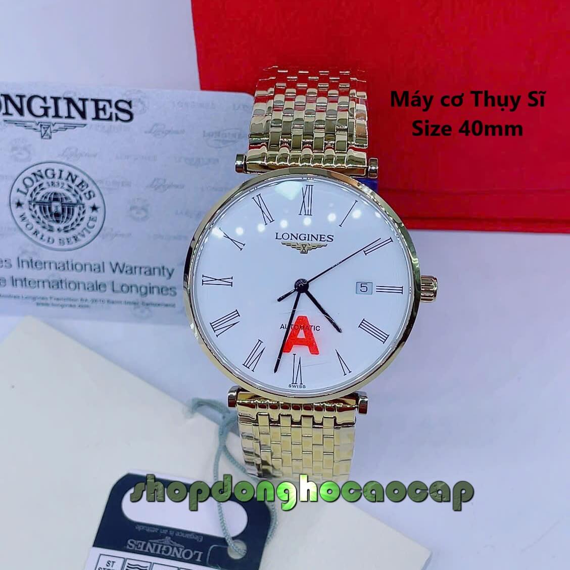 Đồng Hồ Nam Longines Máy Cơ Thụy Sĩ – Dây Vàng Mặt Trắng 3 Kim Số La Mã Size 40mm