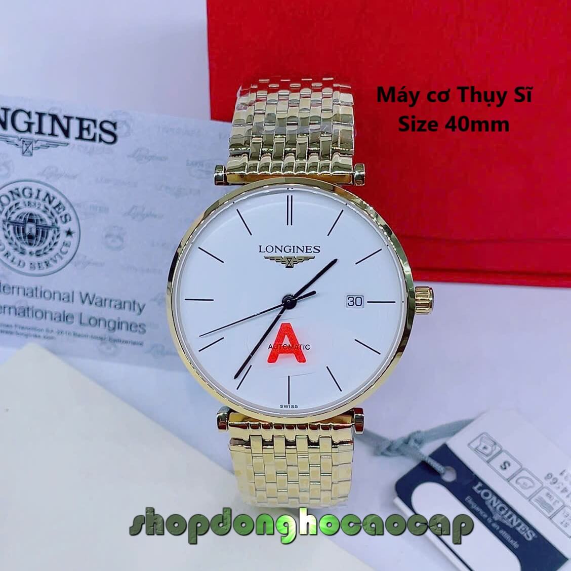 Đồng Hồ Nam Longines Máy Cơ Thụy Sĩ – Dây Vàng Mặt Trắng 3 Kim Size 40mm - Mặt Vạch