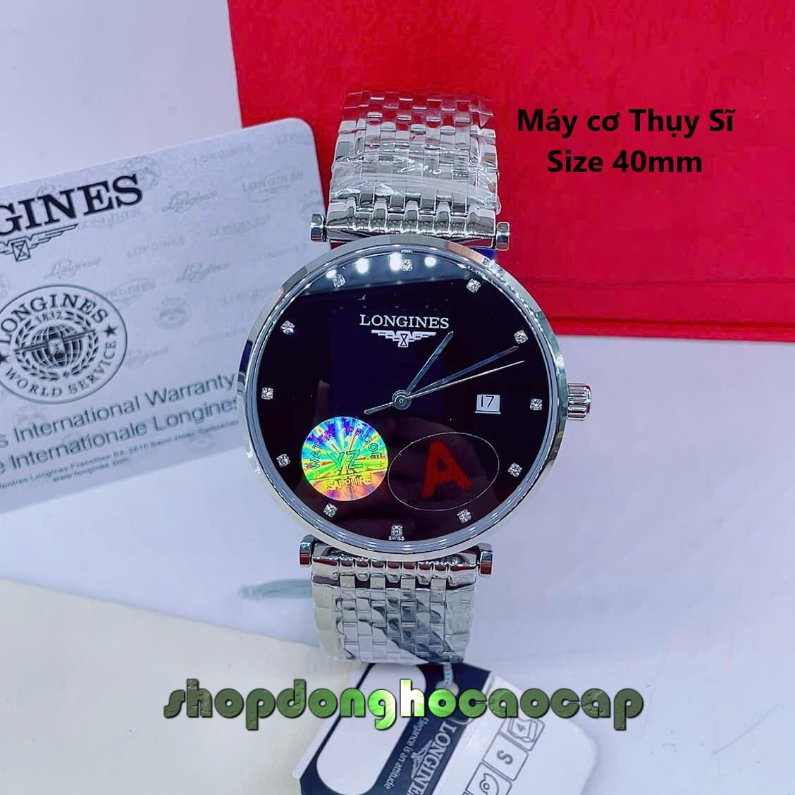 Đồng Hồ Nam Longines Máy Cơ Thụy Sĩ - Dây Kim Loại Bạc Mặt Đen 3 Kim Size 40mm