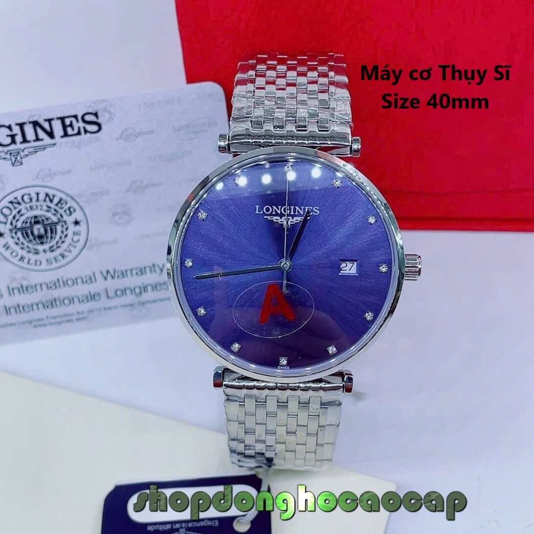 Đồng Hồ Nam Longines Máy Cơ Thụy Sĩ - Dây Kim Loại Bạc Mặt Xanh Coban 3 Kim Size 40mm