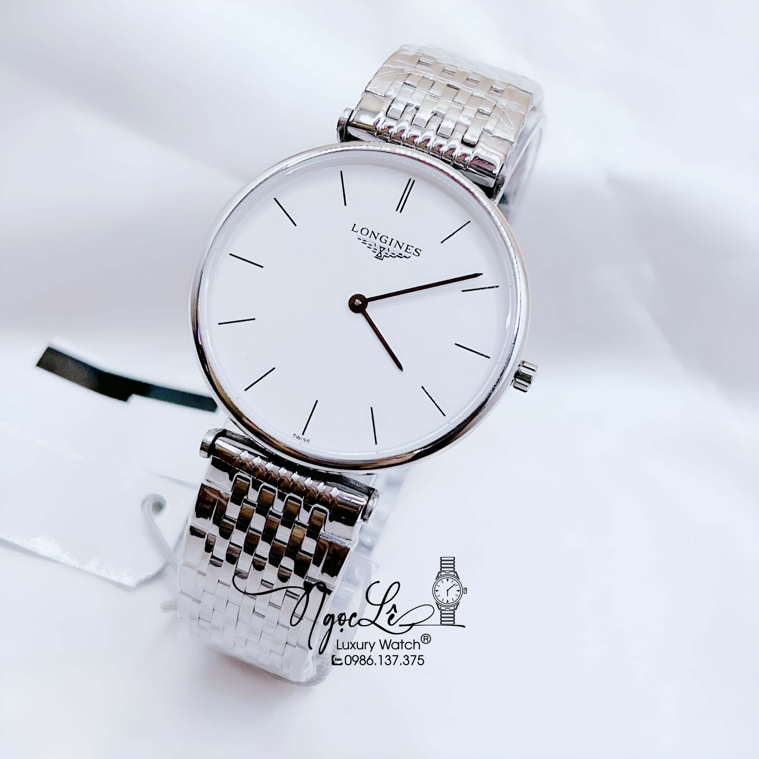 Đồng Hồ Longines Dây Bạc Mặt Trắng Chia Vạch Quartz Thụy Sĩ Kính Sapphire Cao Cấp Đủ Size Cho Nam Và Nữ