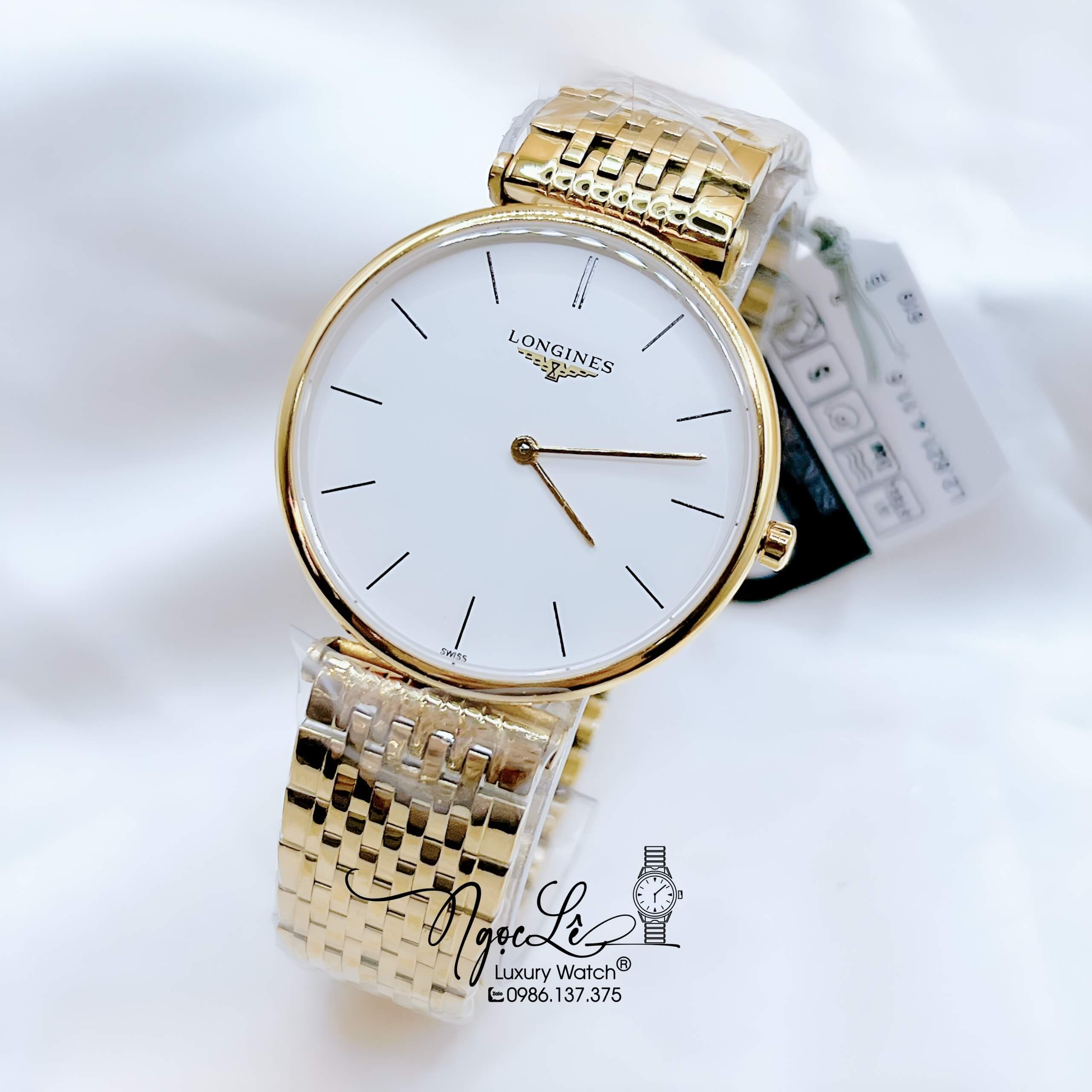 Đồng Hồ Longines Dây Vàng Mặt Trắng Chia Vạch Quartz Thụy Sĩ Kính Sapphire Cao Cấp Đủ Size Cho Nam Và Nữ