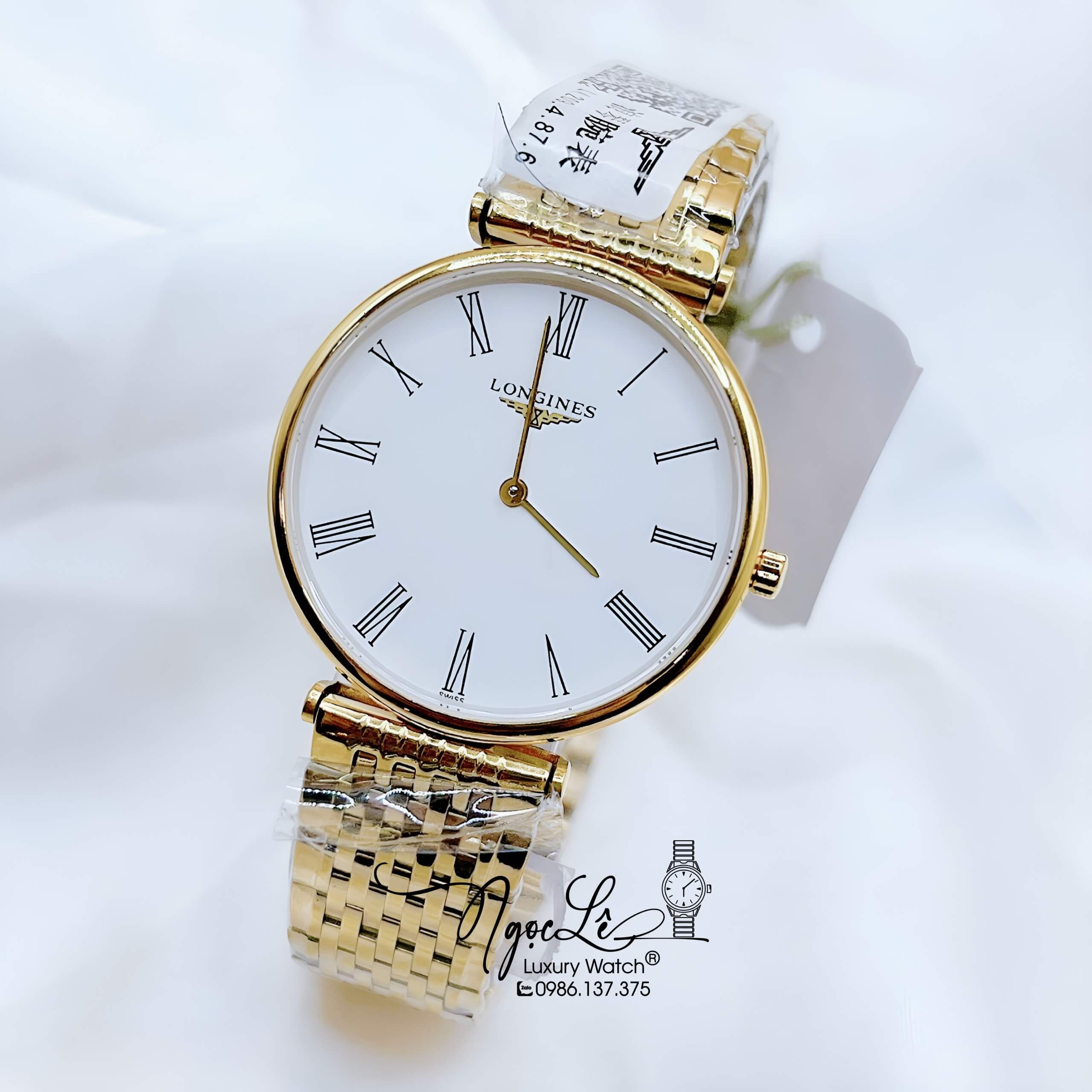 Đồng Hồ Longines Dây Vàng Mặt Trắng Số La Mã Quartz Thụy Sĩ Kính Sapphire Cao Cấp Đủ Size Cho Nam Và Nữ