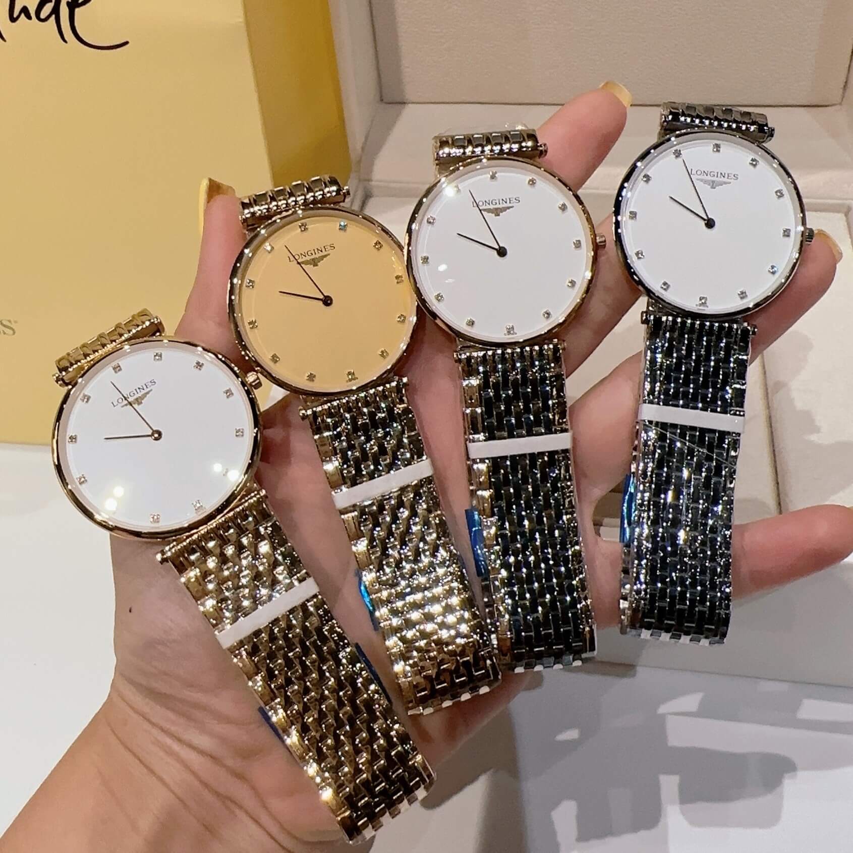 Đồng Hồ Longines Dây Vàng Mặt Vàng Quartz Thụy Sĩ Kính Sapphire Cao Cấp Đủ Size