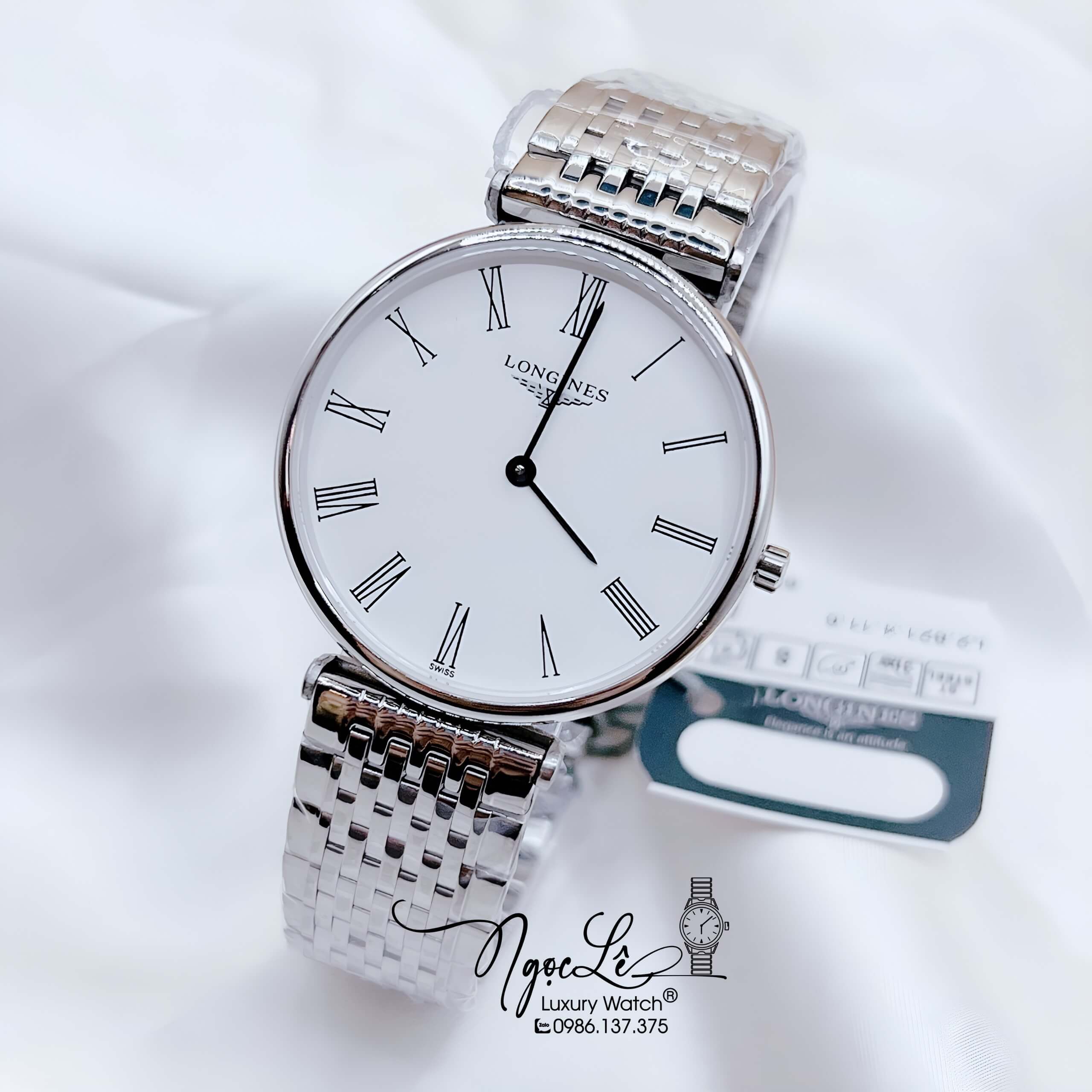 Đồng Hồ Longines Dây Bạc Mặt Trắng Số La Mã Quartz Thụy Sĩ Kính Sapphire Cao Cấp Đủ Size Cho Nam Và Nữ
