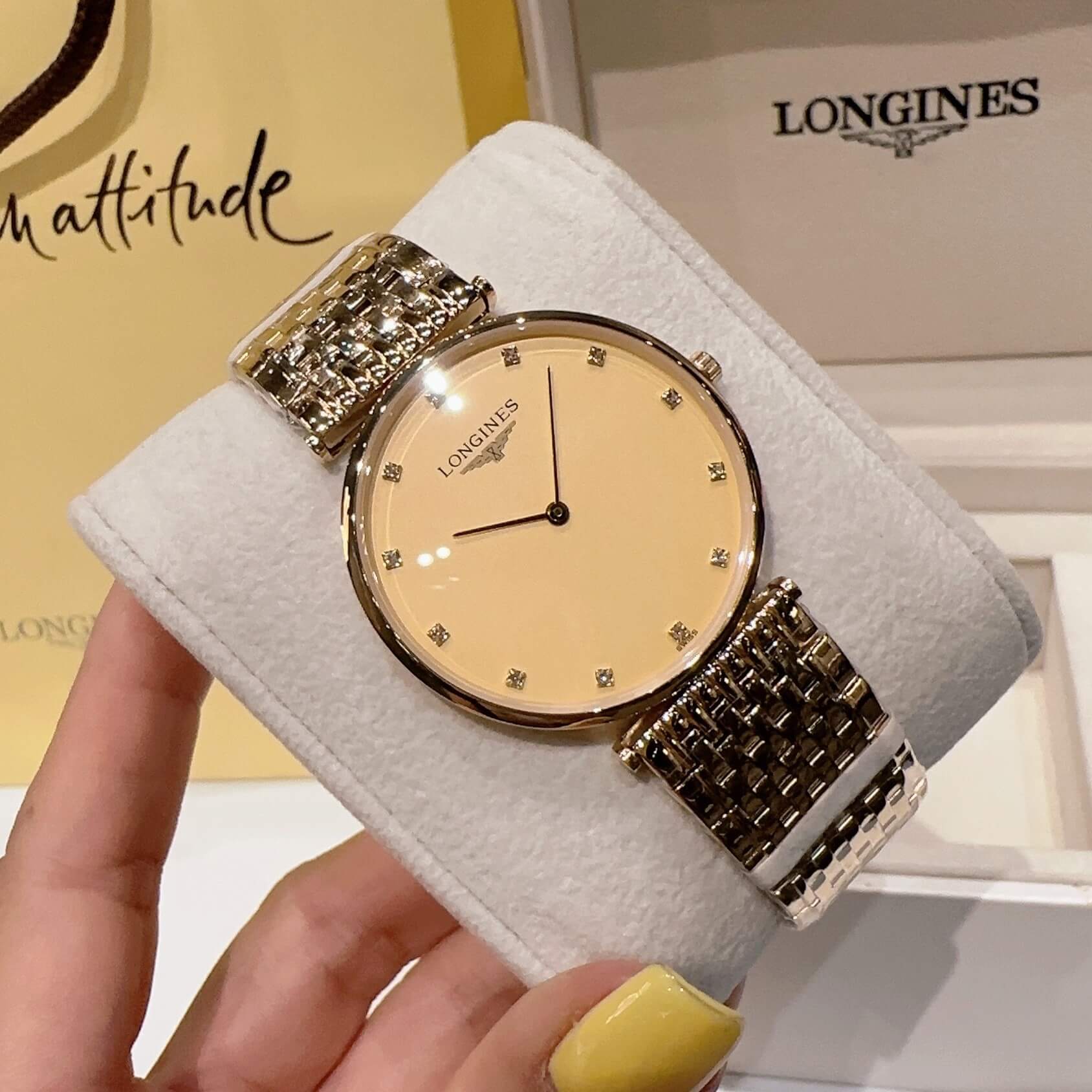 Đồng Hồ Longines Dây Vàng Mặt Vàng Quartz Thụy Sĩ Kính Sapphire Cao Cấp Đủ Size