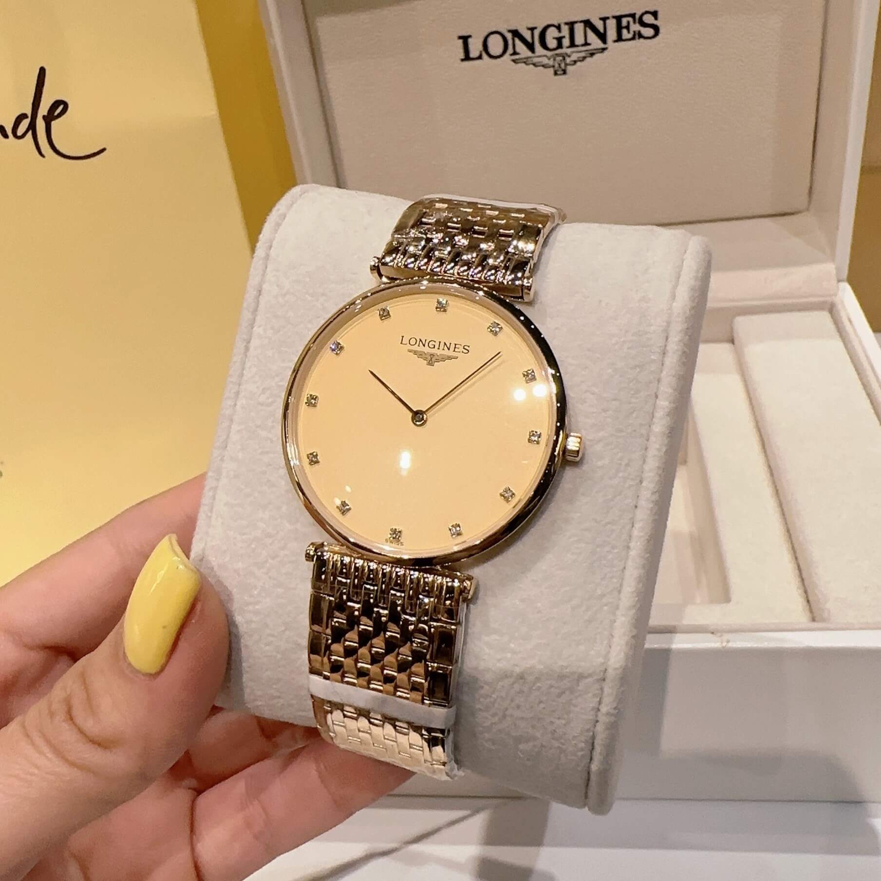 Đồng Hồ Longines Dây Vàng Mặt Vàng Quartz Thụy Sĩ Kính Sapphire Cao Cấp Đủ Size