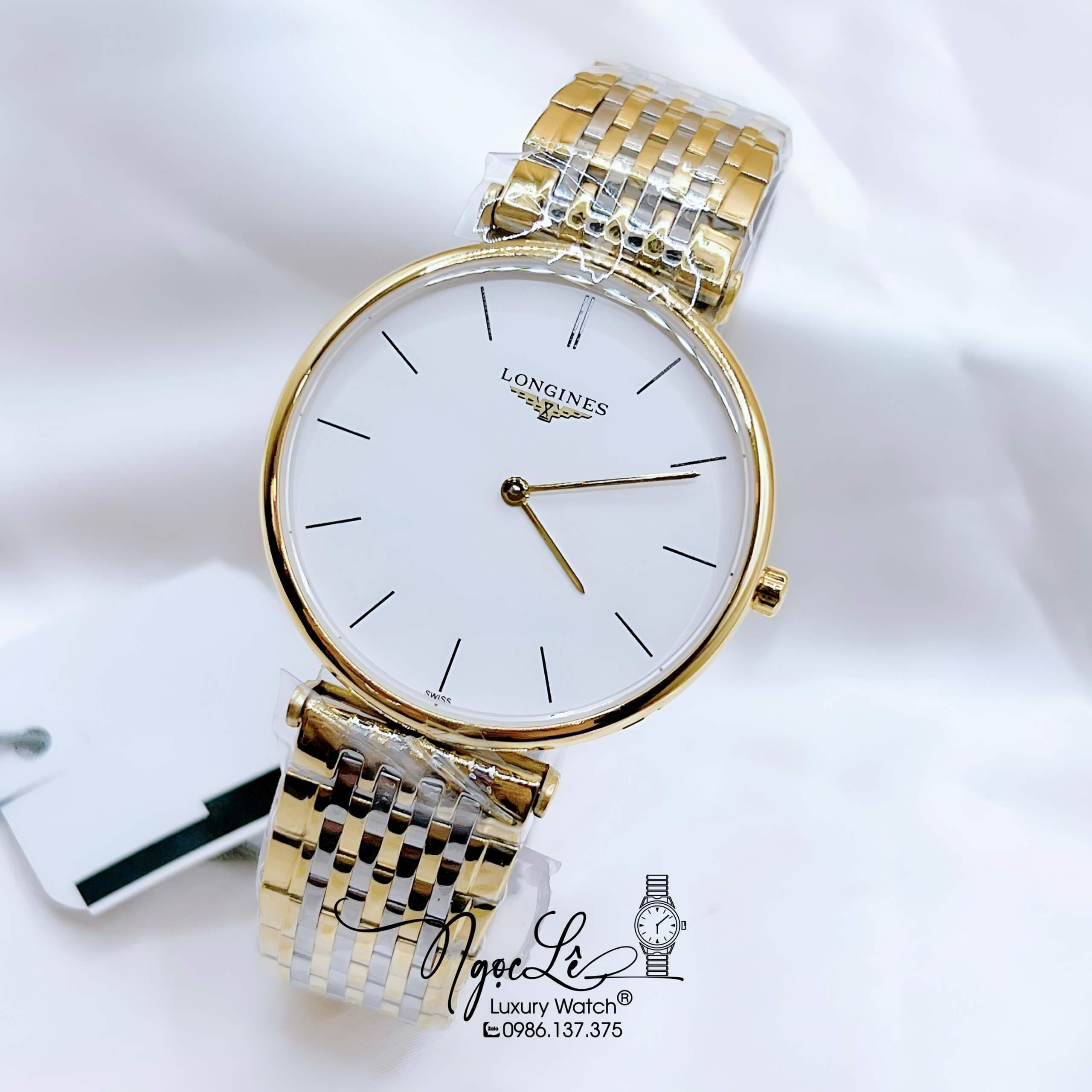 Đồng Hồ Longines Dây Demi Vàng Mặt Trắng Chia Vạch Quartz Thụy Sĩ Kính Sapphire Cao Cấp Đủ Size Cho Nam Và Nữ