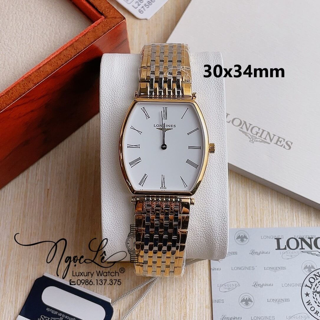 Đồng Hồ Longines Nam Dây Demi Vàng Mặt Trắng Số La Mã Máy Pin Thụy Sĩ Size 30x34mm