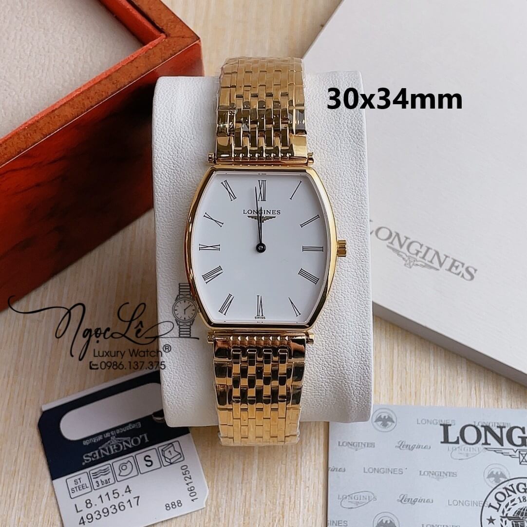 Đồng Hồ Longines Nam Dây Kim Loại Vàng Mặt Trắng Số La Mã Máy Pin Thụy Sĩ Size 30x34mm