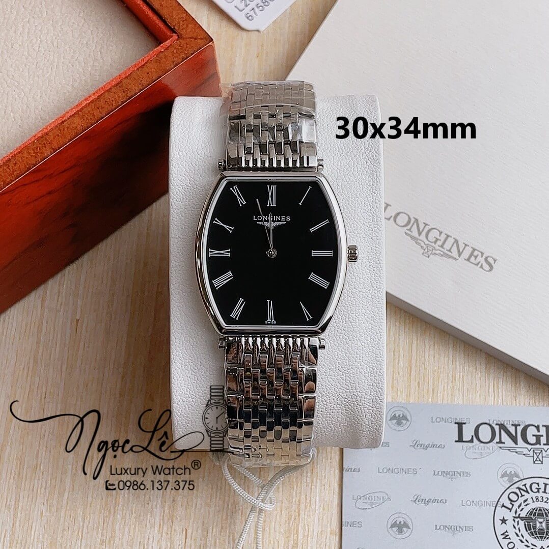 Đồng Hồ Longines Nam Dây Kim Loại Bạc Mặt Đen Số La Mã Máy Pin Thụy Sĩ Size 30x34mm