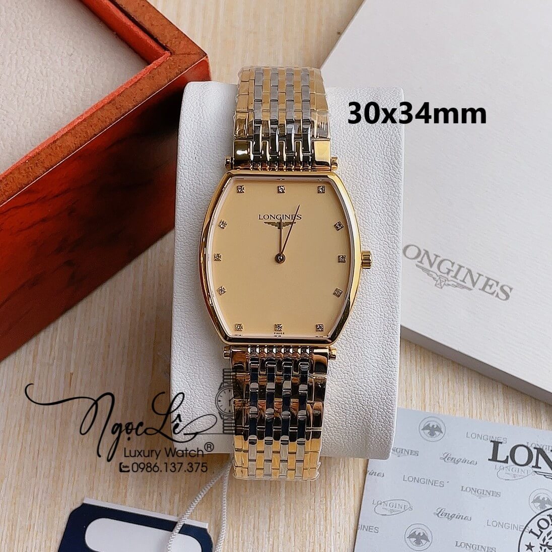 Đồng Hồ Longines Nam Dây Kim Loại Demi Vàng Mặt Vàng Máy Pin Thụy Sĩ Size 30x34mm