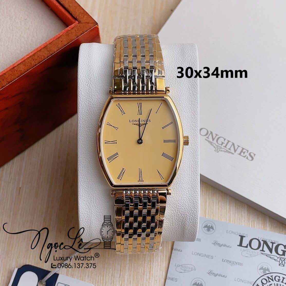 Đồng Hồ Longines Nam Dây Kim Loại Demi Mặt Vàng Máy Pin Thụy Sĩ Size 30x34mm