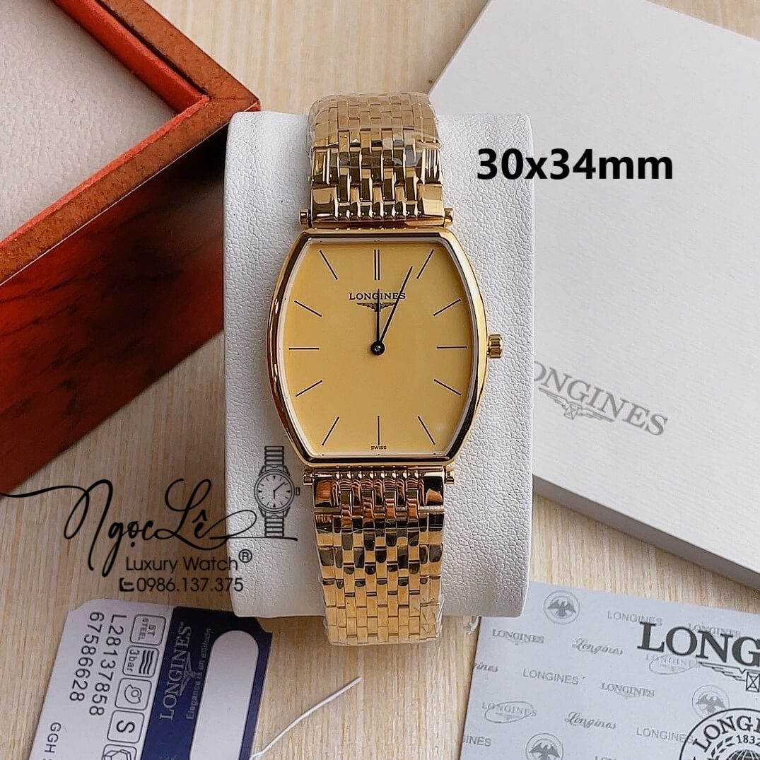 Đồng Hồ Longines Nam Dây Kim Loại Vàng Mặt Vàng Máy Pin Thụy Sĩ Size 30x34mm