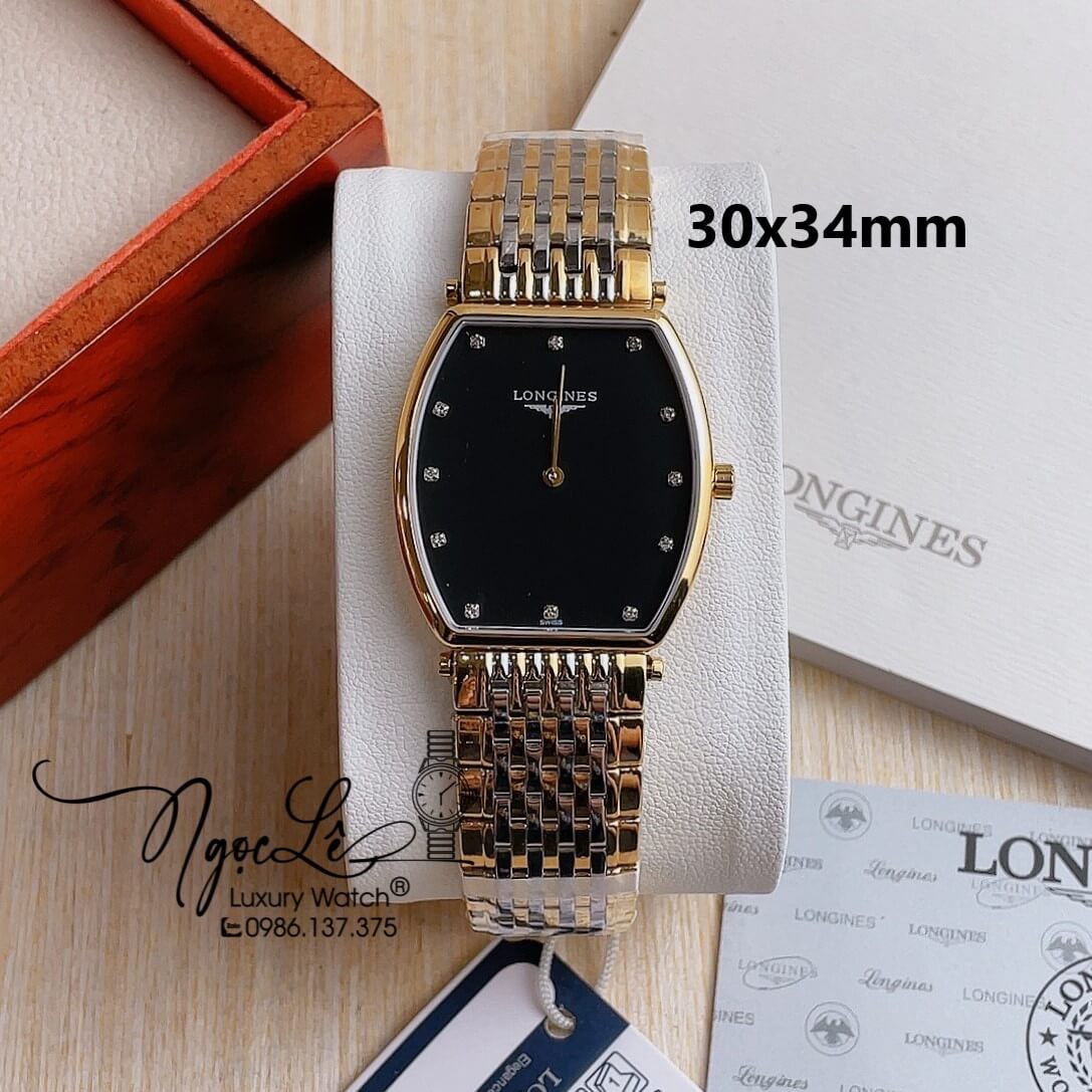 Đồng Hồ Longines Nam Dây Kim Loại Demi Vàng Mặt Đen Máy Pin Thụy Sĩ Size 30x34mm