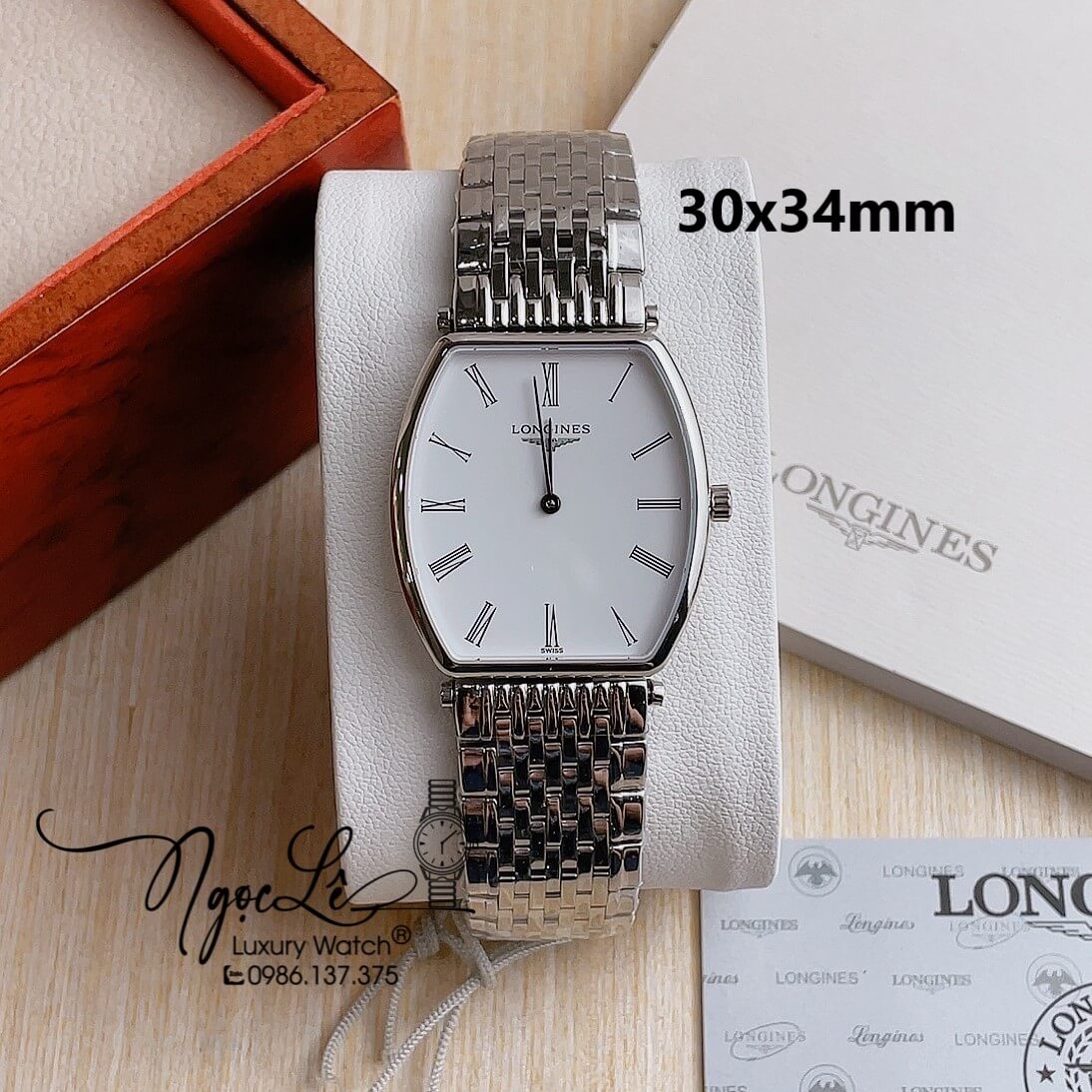 Đồng Hồ Longines Nam Dây Bạc Mặt Trắng Số La Mã Máy Pin Thụy Sĩ Size 30x34mm