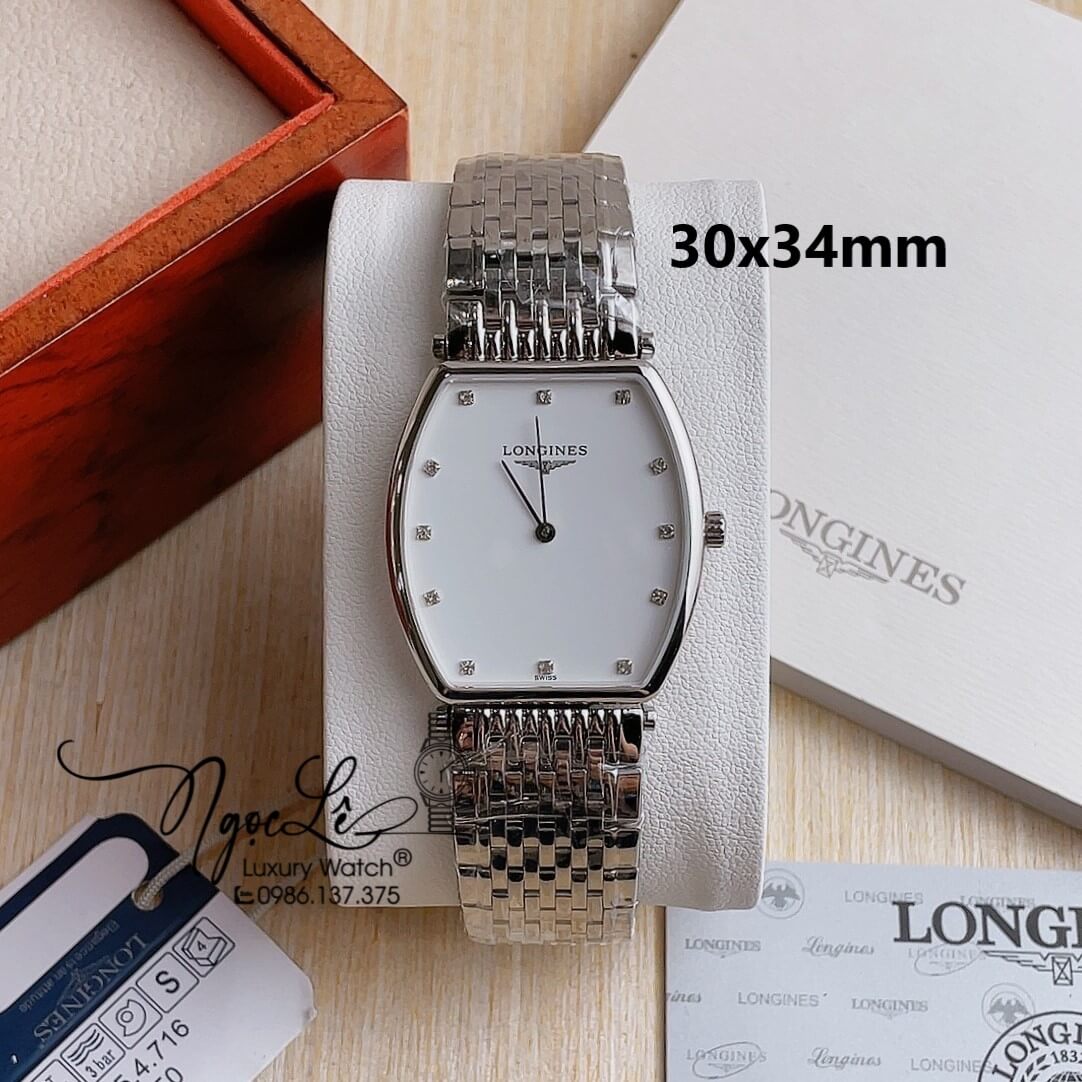 Đồng Hồ Longines Nam Dây Bạc Mặt Trắng Đính Hột Máy Pin Thụy Sĩ Size 30x34mm