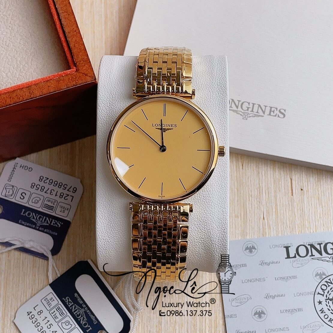 Đồng Hồ Longines Dây Kim Loại Vàng Mặt Vàng Gạch Máy Quartz Thụy Sĩ Size 36mm Unisex