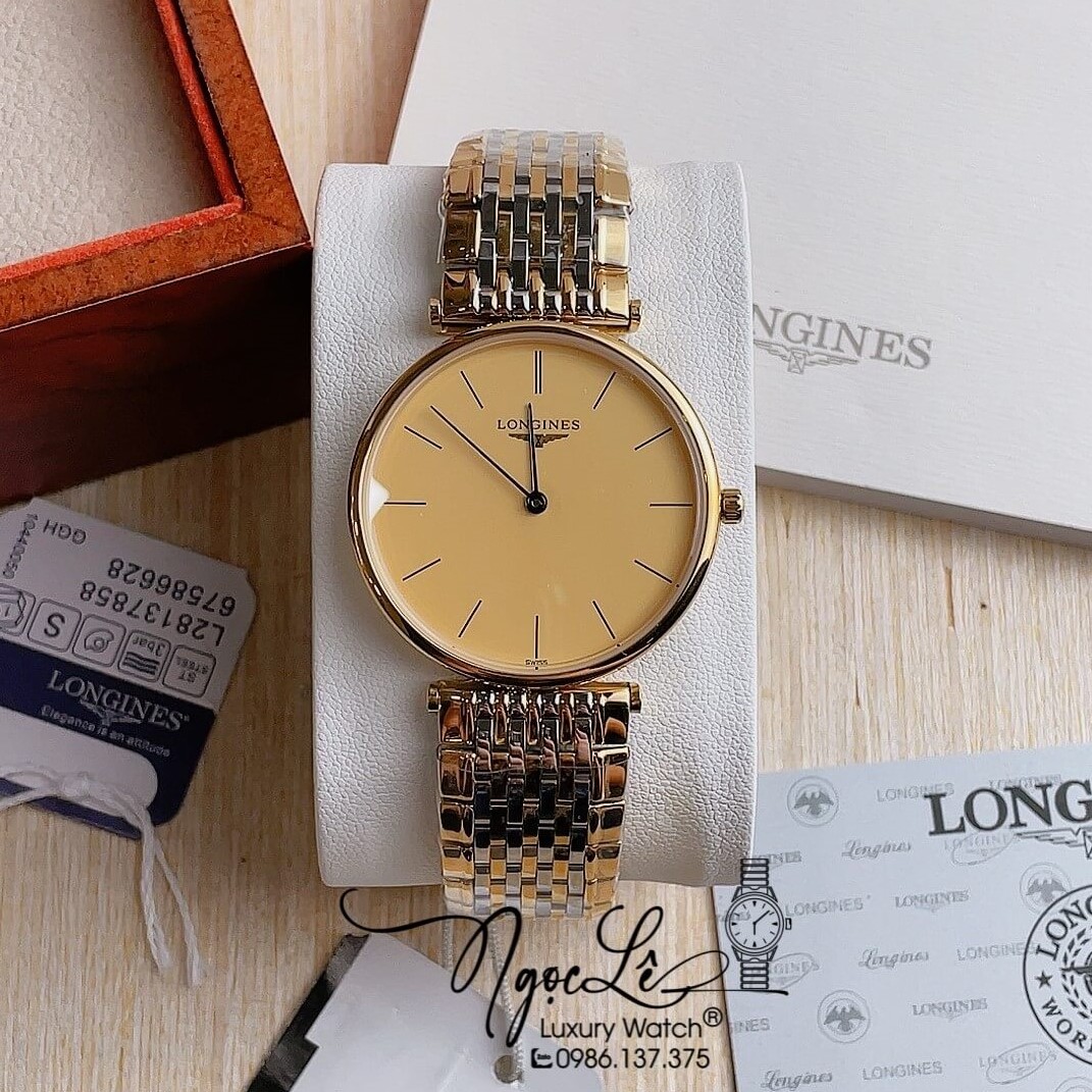 Đồng Hồ Longines Dây Kim Loại Demi Vàng Mặt Vàng Máy Quartz Thụy Sĩ Size 36mm Unisex