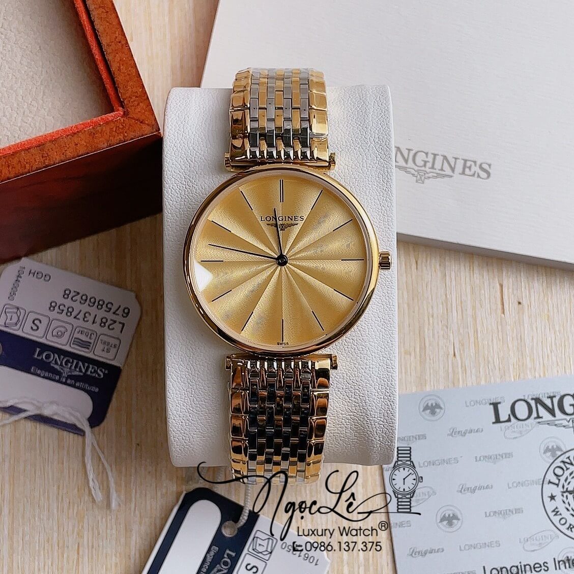 Đồng Hồ Longines Dây Kim Loại Demi Vàng Mặt Vàng Tia Máy Quartz Thụy Sĩ Size 36mm Unisex