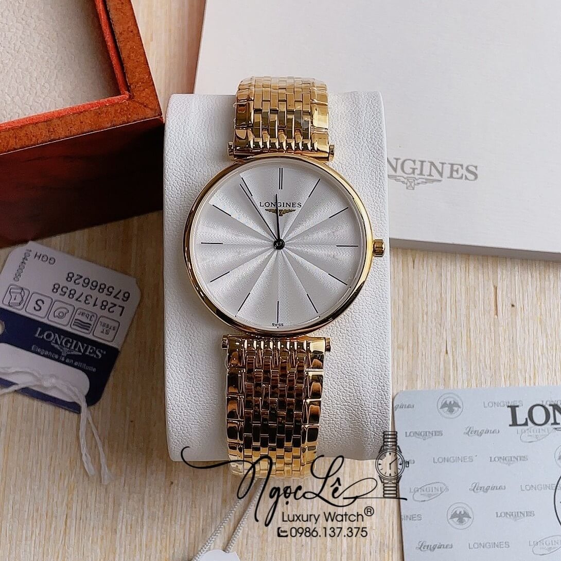 Đồng Hồ Longines Dây Kim Loại Vàng Mặt Trắng Máy Quartz Thụy Sĩ Size 36mm Unisex