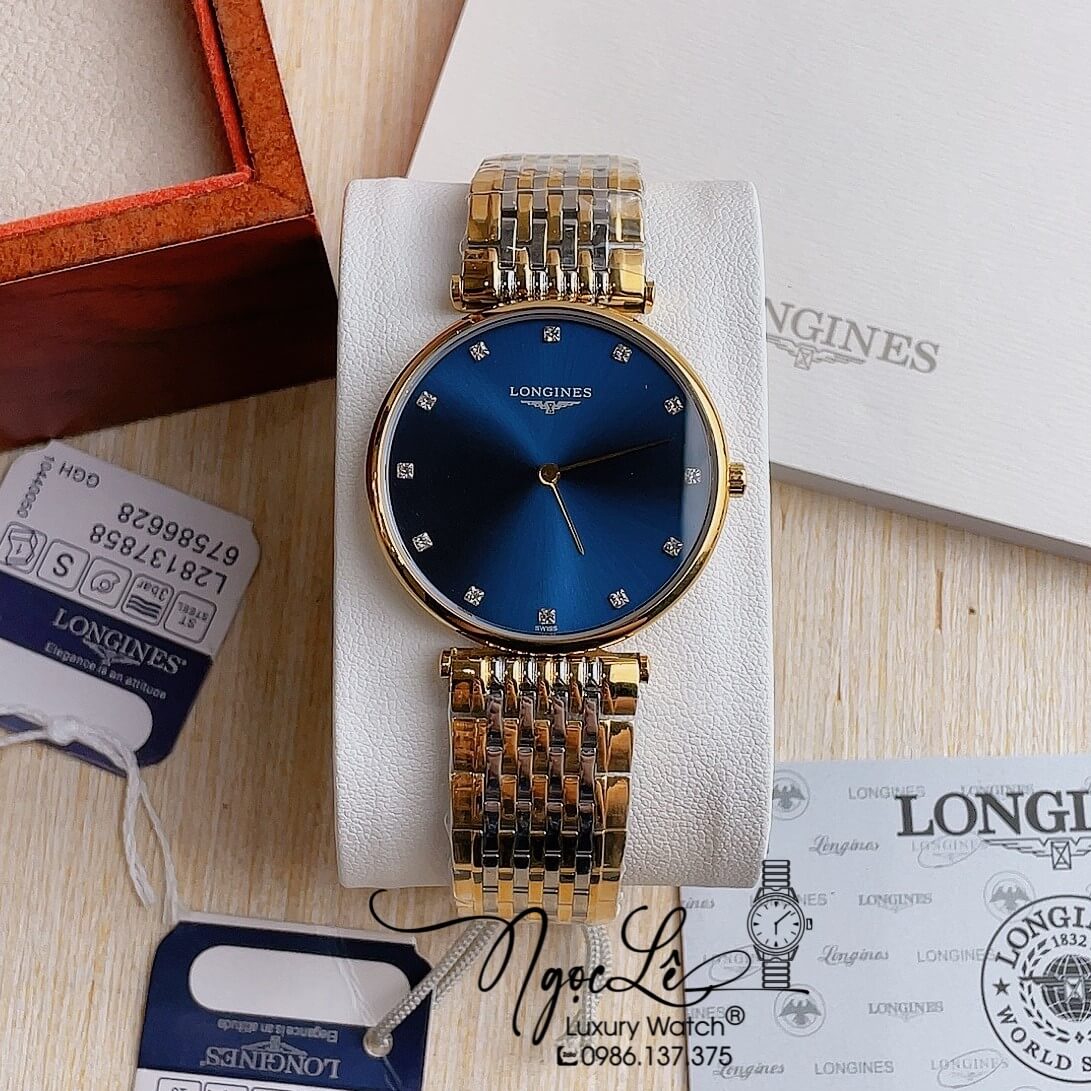 Đồng Hồ Longines Dây Kim Loại Demi Vàng Mặt Xanh Quartz Thụy Sĩ Size 36mm Unisex