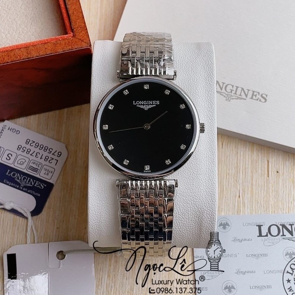 Đồng Hồ Longines Dây Kim Loại Bạc Mặt Đen Hột Máy Quartz Thụy Sĩ Size 36mm Unisex