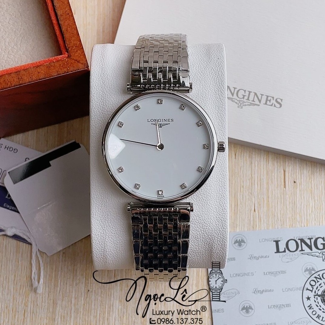 Đồng Hồ Longines Dây Kim Loại Bạc Mặt Trắng Hột Máy Quartz Thụy Sĩ Size 36mm Unisex