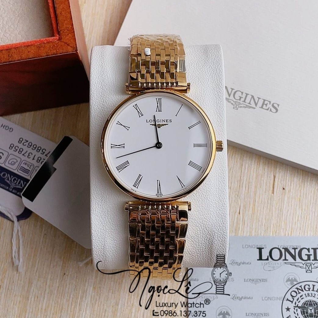 Đồng Hồ Longines Dây Kim Loại Vàng Mặt Trắng La Mã Máy Quartz Thụy Sĩ Size 36mm Unisex