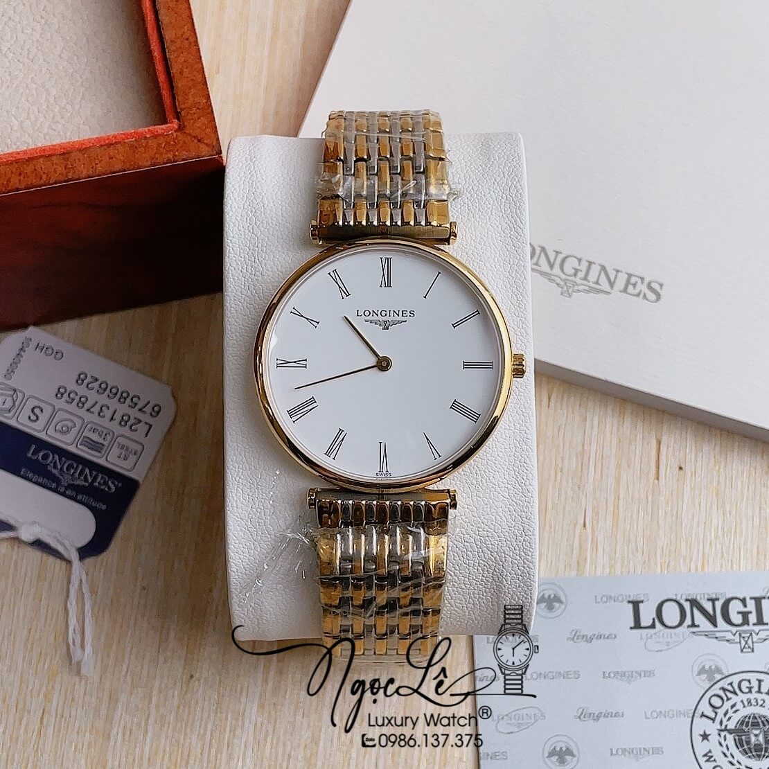 Đồng Hồ Longines Dây Kim Loại Demi Vàng Mặt Trắng La Mã Quartz Thụy Sĩ Size 36mm Unisex