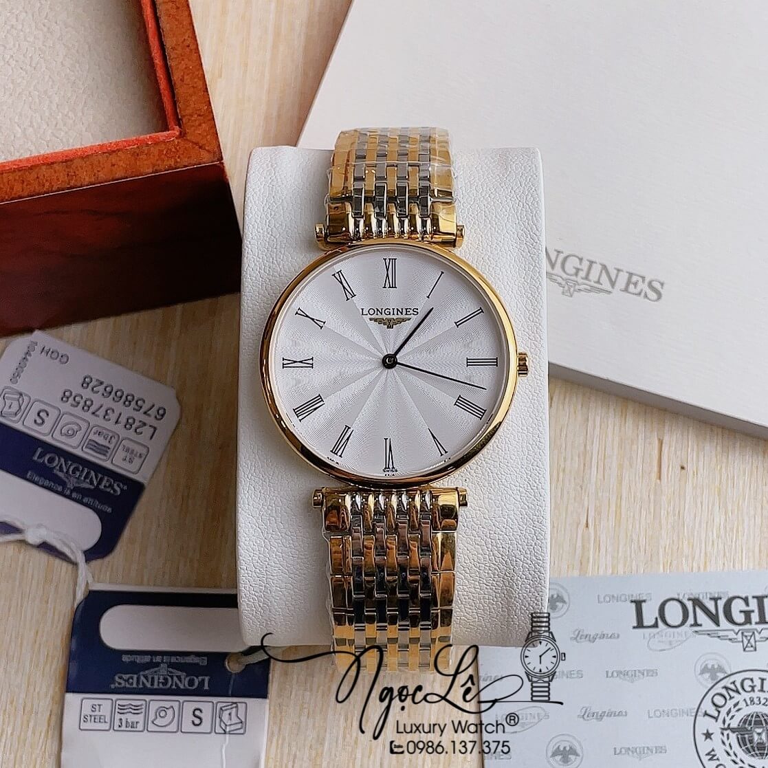 Đồng Hồ Longines Dây Kim Loại Demi Vàng Mặt Trắng La Mã Quartz Thụy Sĩ Size 36mm Unisex