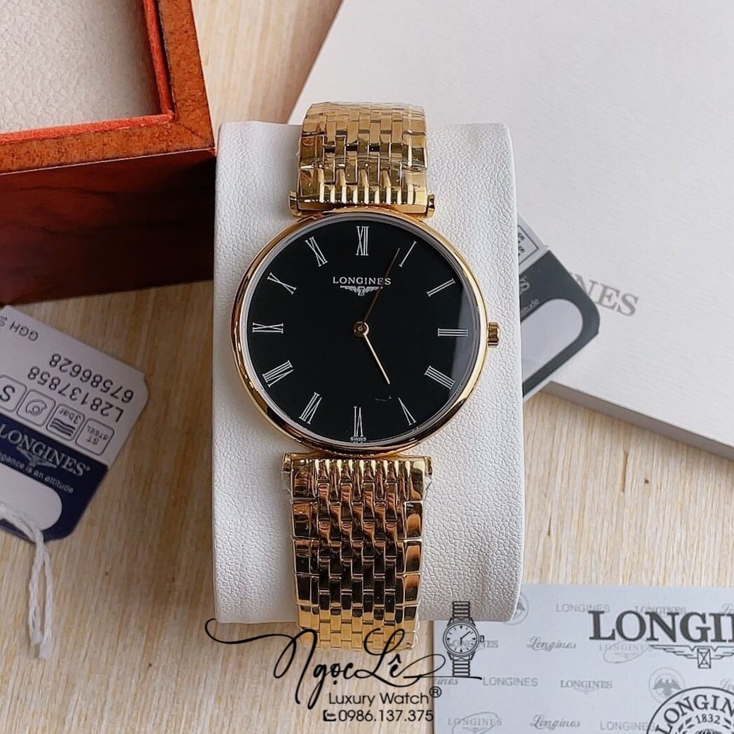 Đồng Hồ Longines Dây Kim Loại Vàng Mặt Đen La Mã Máy Quartz Thụy Sĩ Size 36mm Unisex