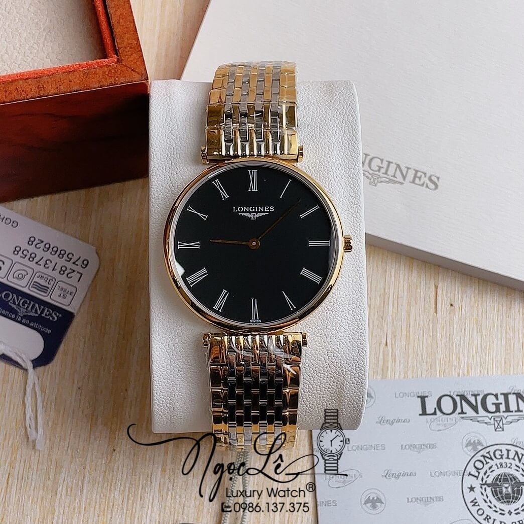 Đồng Hồ Longines Kim Loại Demi Vàng Mặt Đen La Mã Quartz Thụy Sĩ Size 36mm Unisex
