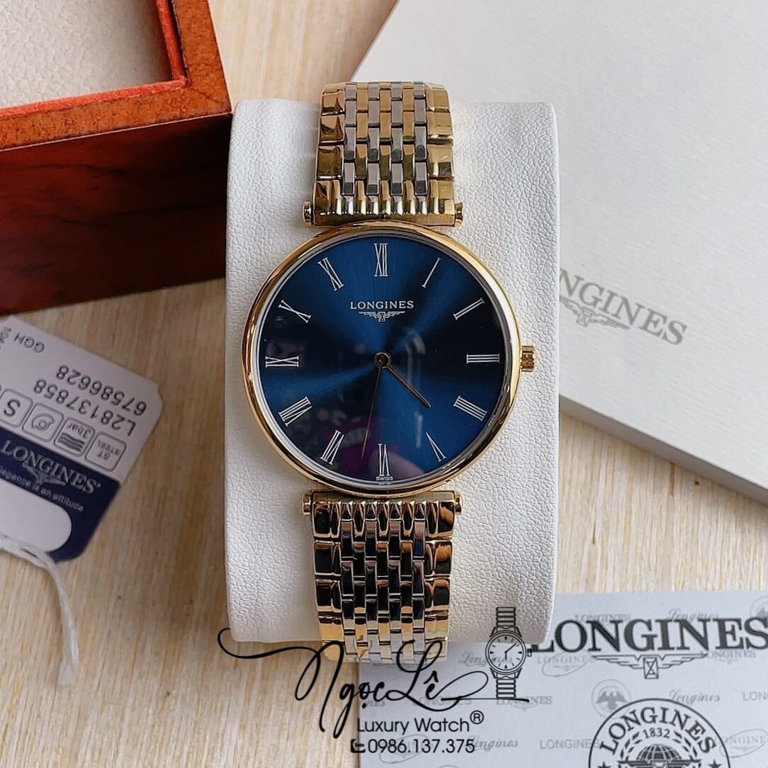 Đồng Hồ Longines Kim Loại Demi Vàng Mặt Xanh Số La Mã Quartz Thụy Sĩ Size 36mm Unisex