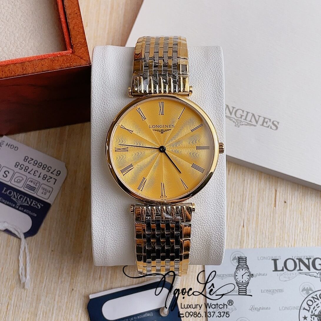 Đồng Hồ Longines Kim Loại Demi Mặt Vàng Tia Số La Mã Quartz Thụy Sĩ Size 36mm Unisex