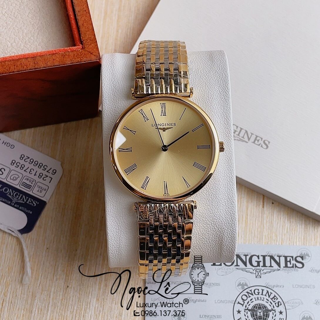 Đồng Hồ Longines Kim Loại Demi Mặt Vàng Số La Mã Quartz Thụy Sĩ Size 36mm Unisex