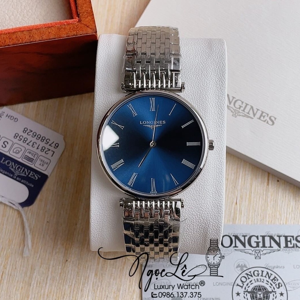 Đồng Hồ Longines Dây Kim Loại Bạc Mặt Xanh La Mã Máy Quartz Thụy Sĩ Size 36mm Unisex