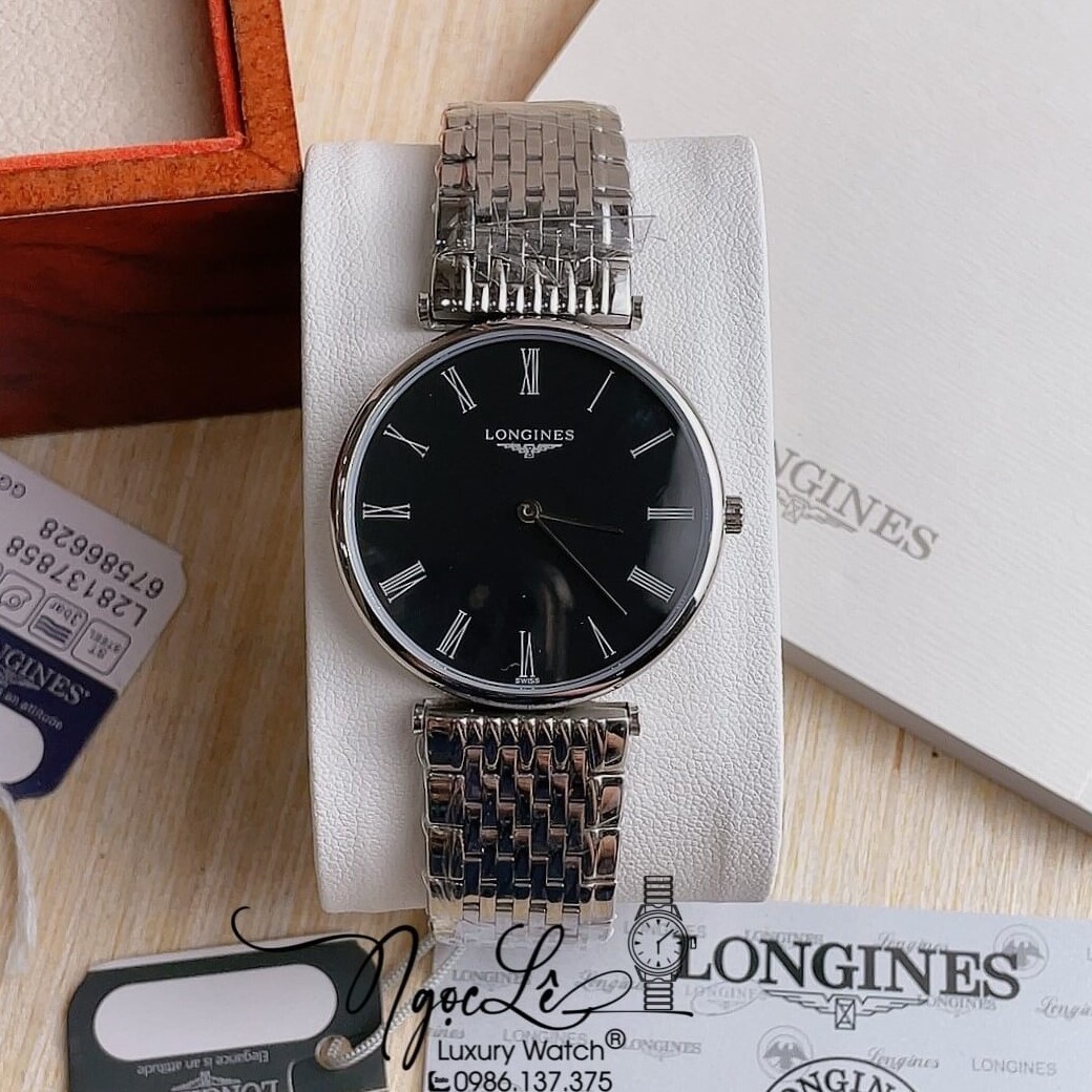 Đồng Hồ Longines Dây Kim Loại Bạc Mặt Đen La Mã Máy Quartz Thụy Sĩ Size 36mm Unisex
