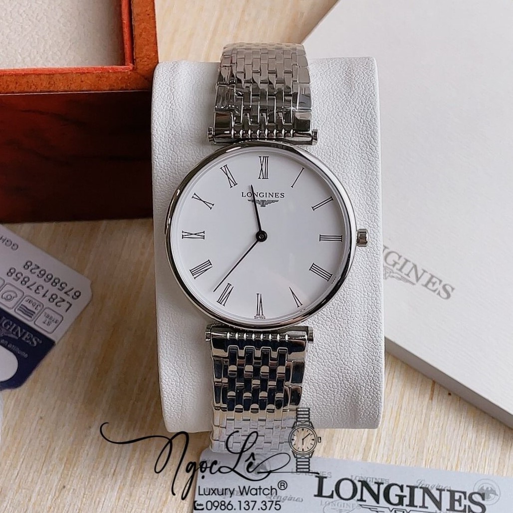 Đồng Hồ Longines Dây Kim Loại Bạc Mặt Trắng La Mã Máy Quartz Thụy Sĩ Size 36mm Unisex
