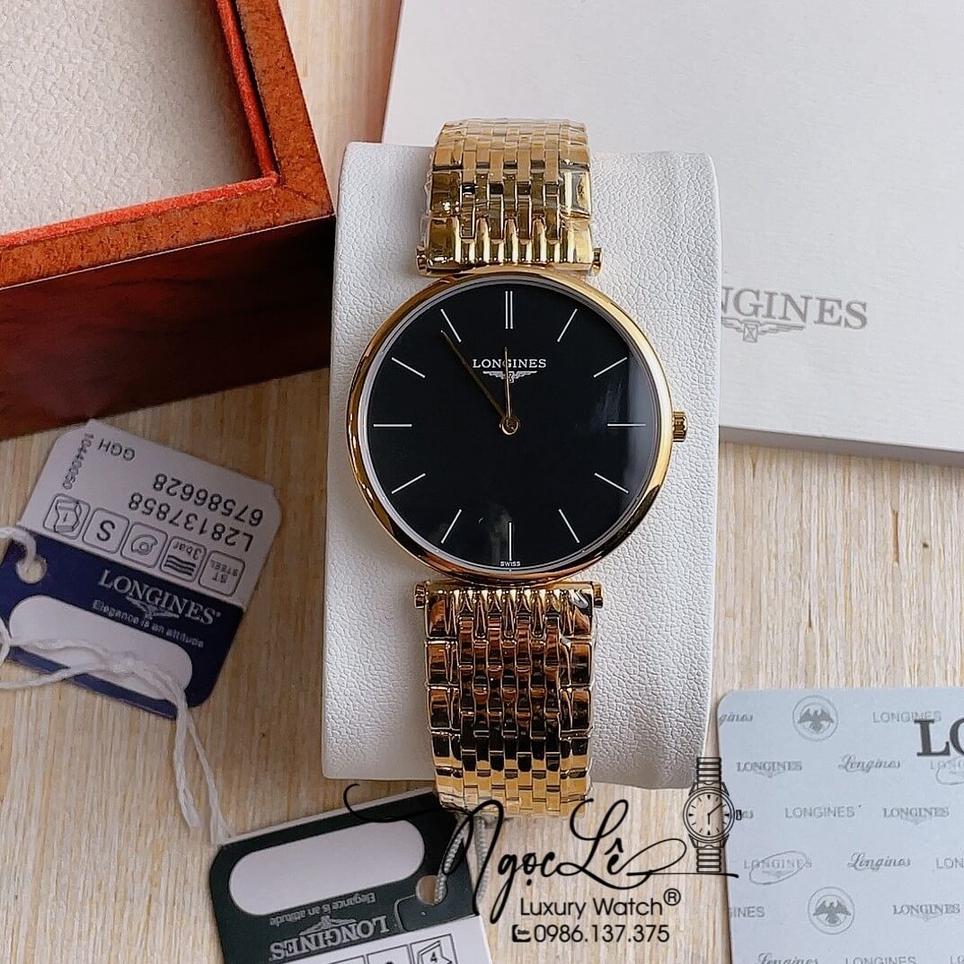 Đồng Hồ Longines Dây Kim Loại Vàng Mặt Đen Máy Quartz Thụy Sĩ Size 36mm Unisex