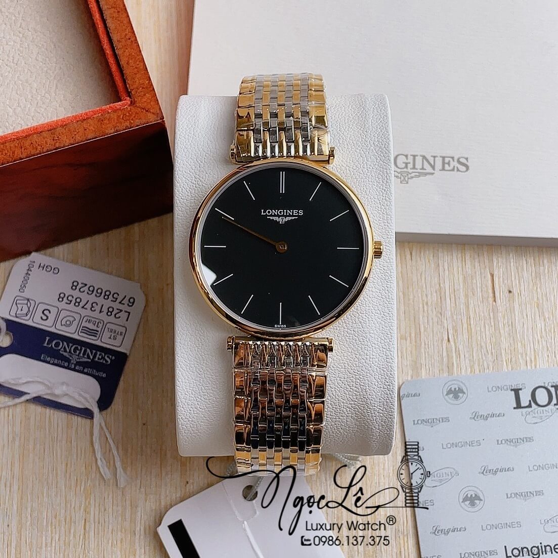 Đồng Hồ Longines Dây Kim Loại Demi Vàng Mặt Đen Máy Quartz Thụy Sĩ Size 36mm Unisex
