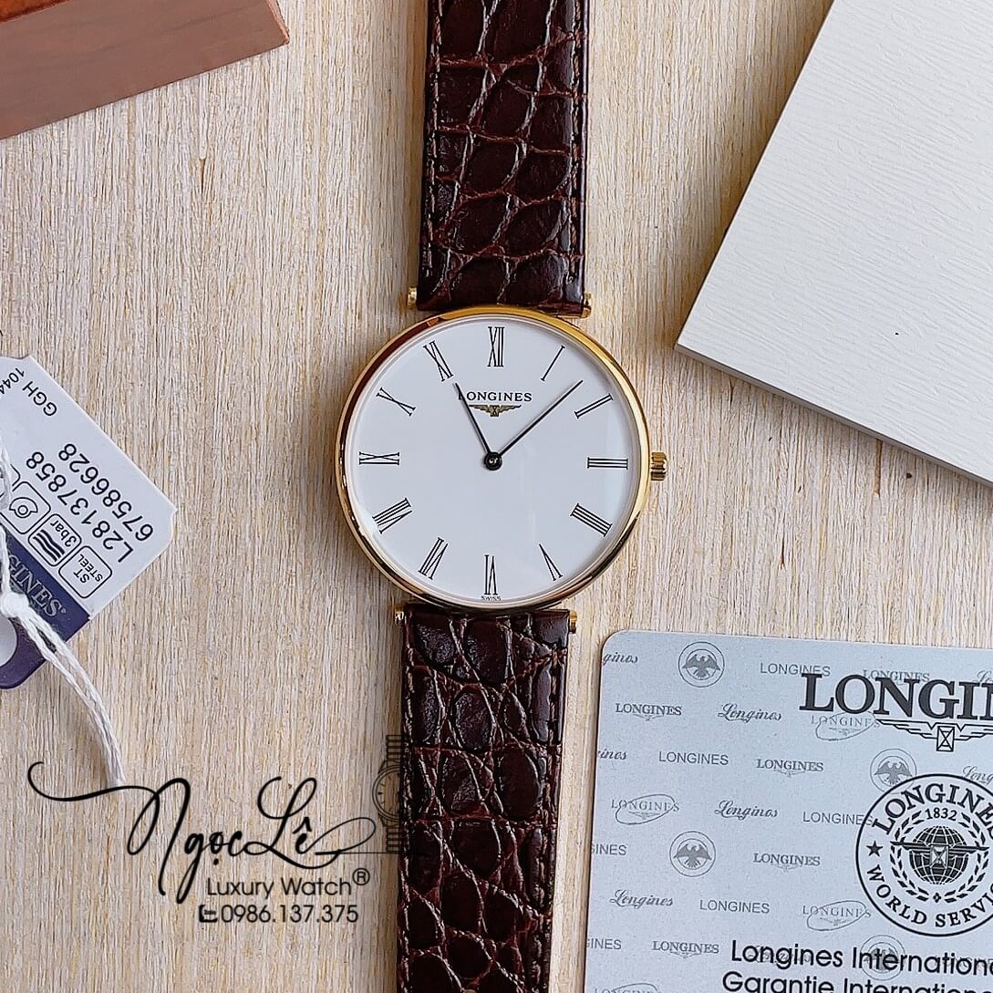 Đồng Hồ Longines Nam Quartz Dây Da Nâu Mặt Trắng Vỏ Vàng Máy Thụy Sĩ Size 40mm